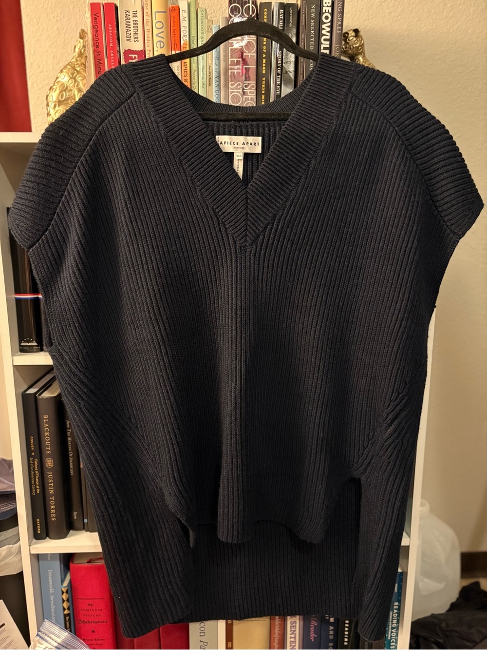 Apiece Apart Vest Merino Wool Sweater Cape Poncho Navy V-Neck Ribbed